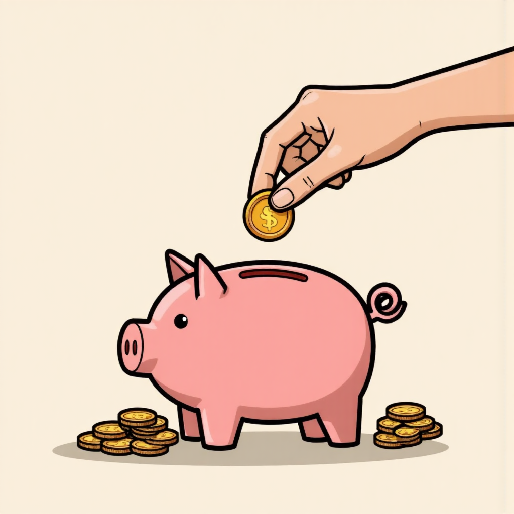 存錢罐被硬幣填充的奇幻圖像,小堆硬幣代表點差成本減少存款,使用現代像素藝術風格