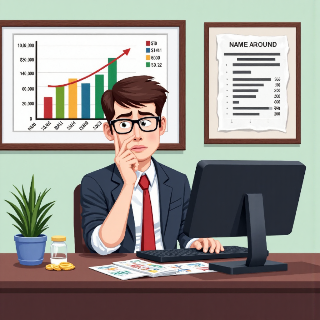 像素藝術風格的企業主審視財務圖表,顯示應付帳款增加,表情專注而堅定