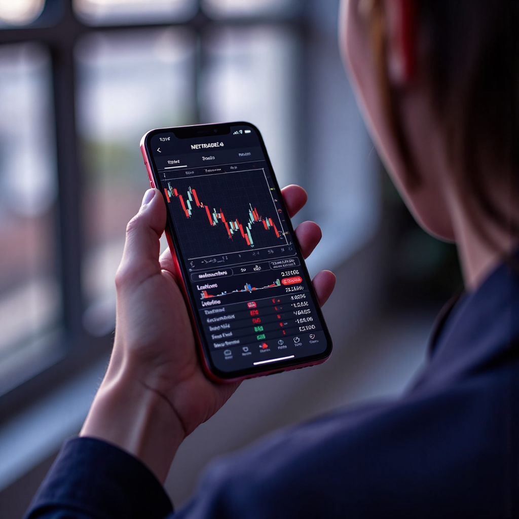 手持智慧型手機顯示 MetaTrader 4 行動應用程式，包含財務圖表與交易選項的像素藝術插圖