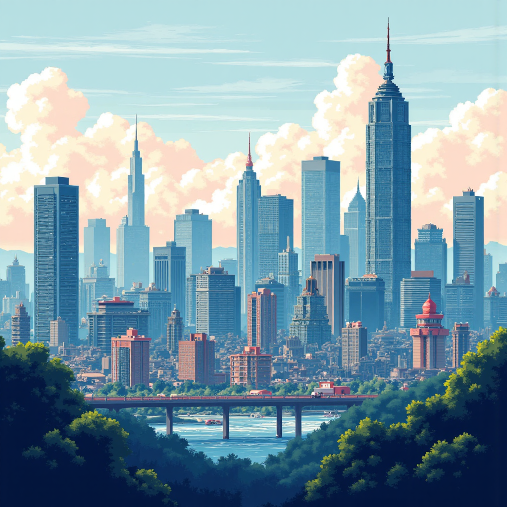 像素藝術風格的台灣城市景觀疊加金融圖表與圖形的專業插圖