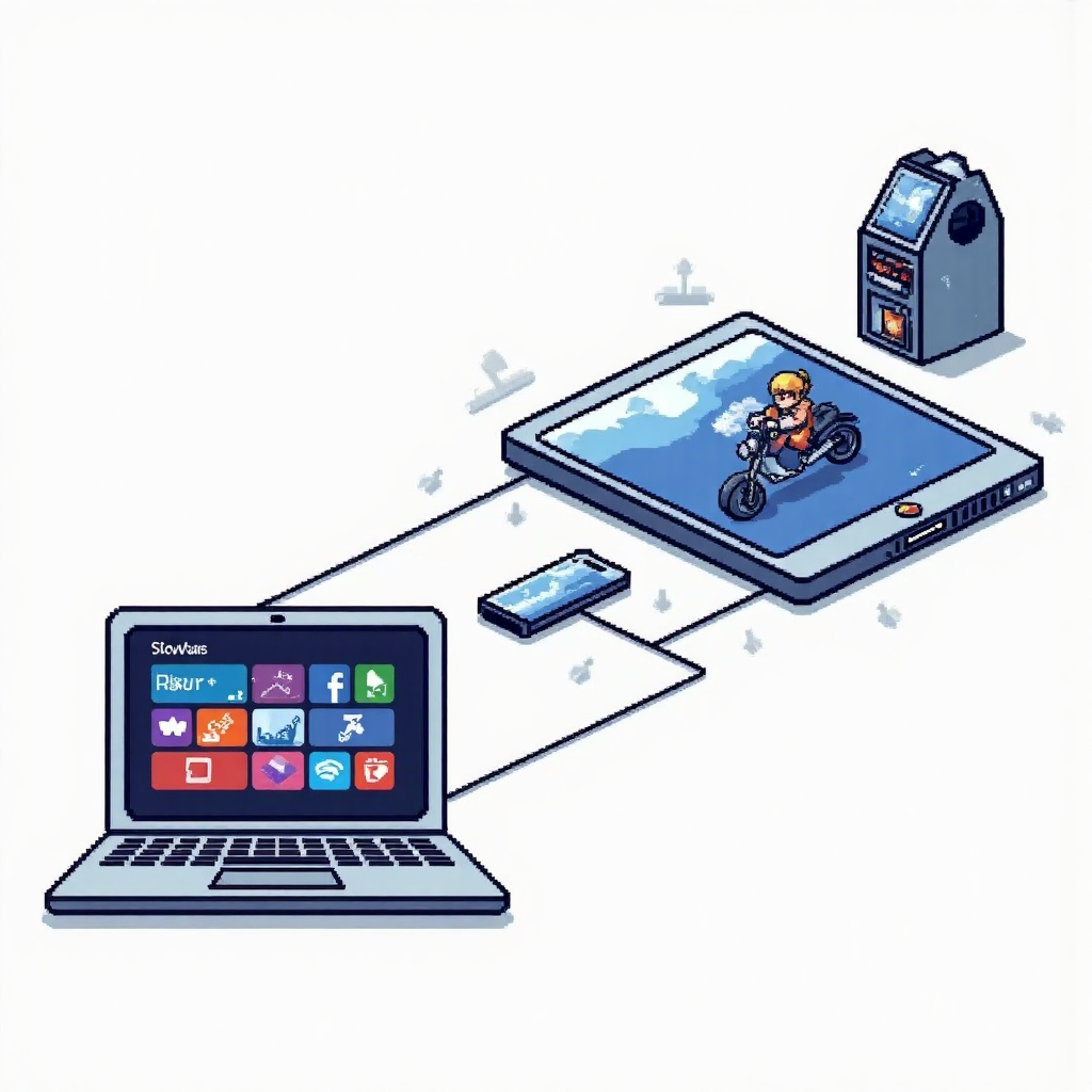 筆電與智慧型手機透過數位橋樑連接，象徵 MetaTrader 4 跨裝置下載與安裝流程的像素藝術圖像