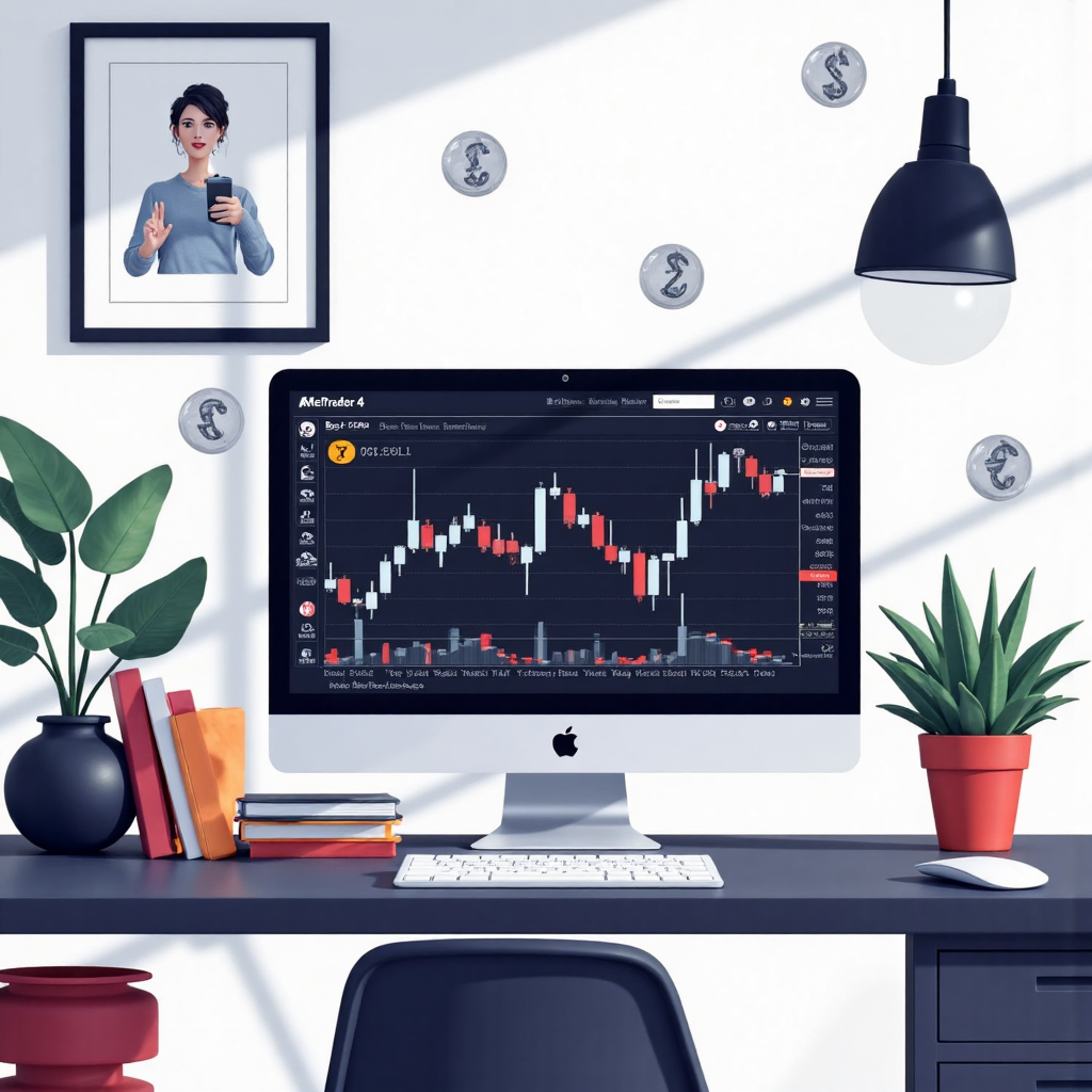 現代電腦桌面顯示 MetaTrader 4 介面，周圍浮現細微貨幣符號的像素藝術圖像