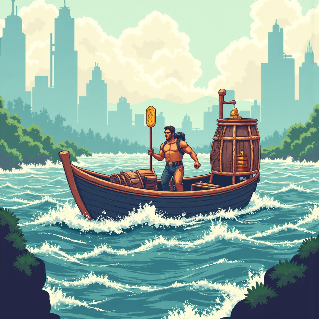 像素藝術風格的小心投資者在波濤洶湧的加密貨幣市場景觀中航行,由象徵套保技巧的風格盾牌保護