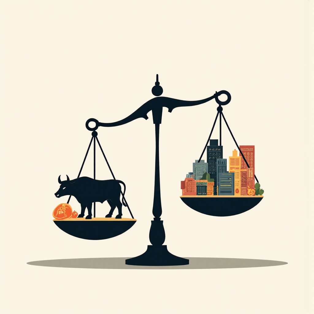 平衡秤象徵風險與報酬,兩側有公牛、熊市和圖表等投資符號的現代插圖
