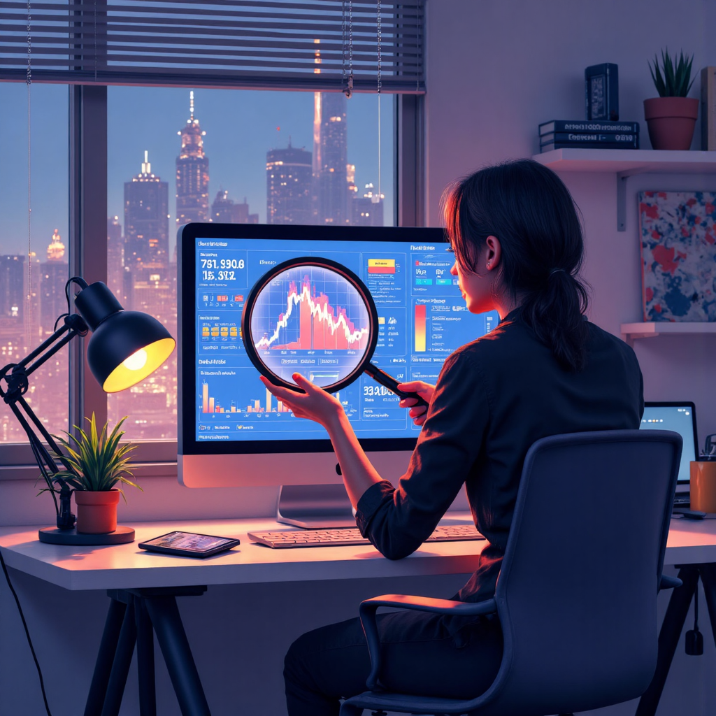 財務分析師使用放大鏡檢視速動比率圖表,周圍環繞現金與短期資產圖像