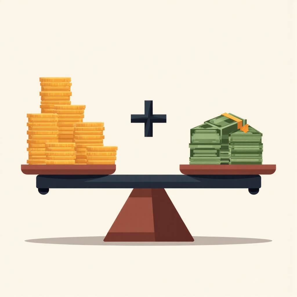 平衡秤上顯示速動比率公式,一側為硬幣,另一側為帳單堆疊的簡化插圖