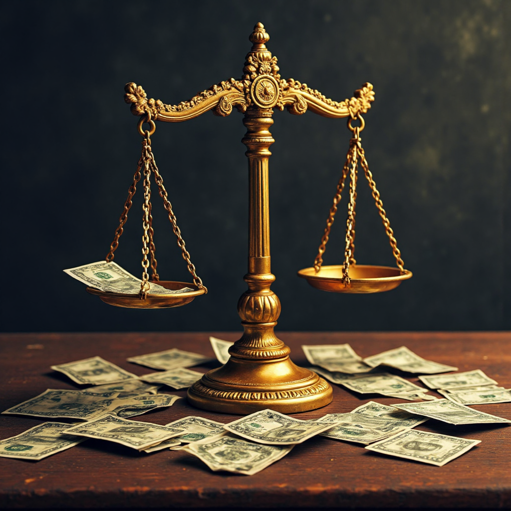 古舊黃金天平傾斜,周圍散落古董紙幣,戲劇性明暗對比照明