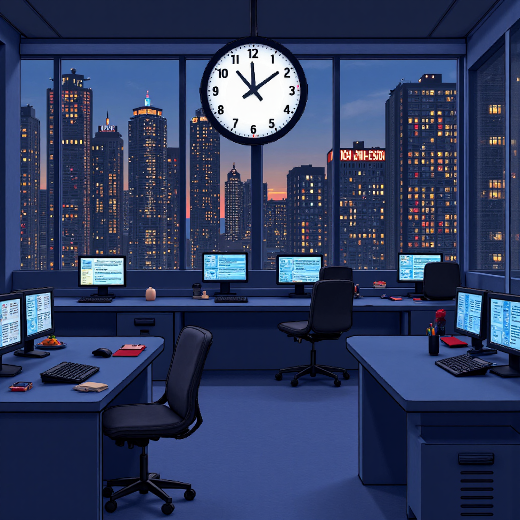 股市收盤時刻的像素藝術風格插圖，展示交易大廳在黃昏，時鐘指向關盤時間，藍灰色調的數位顯示平穩收尾
