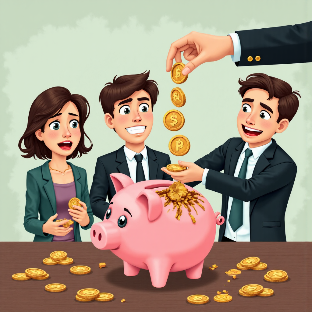 財務詐騙受害者困惑沮喪地握著破碎存錢罐,西裝詐騙手狡猾竊取硬幣