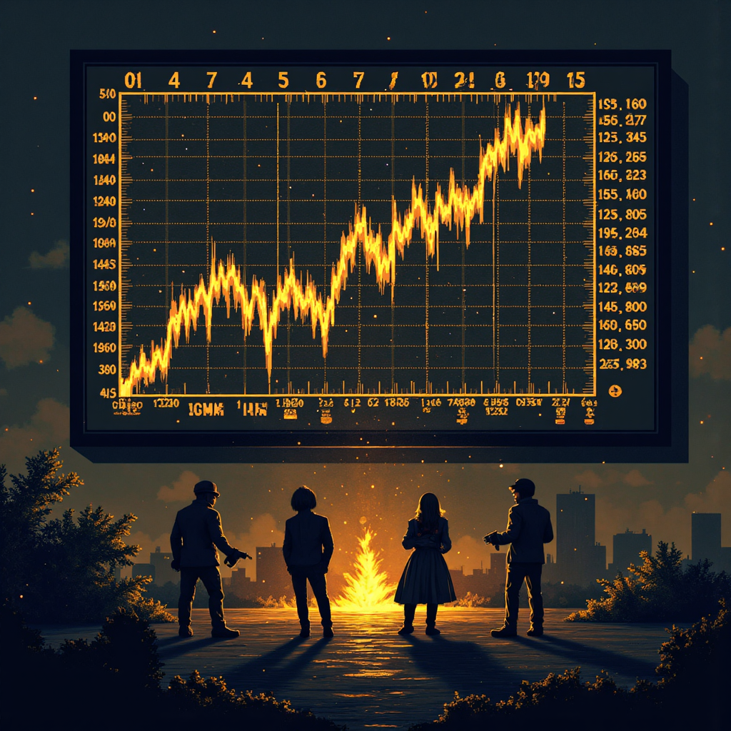 金色納斯達克股票圖表上陰影人物試圖竊取數據流,營造警示氛圍