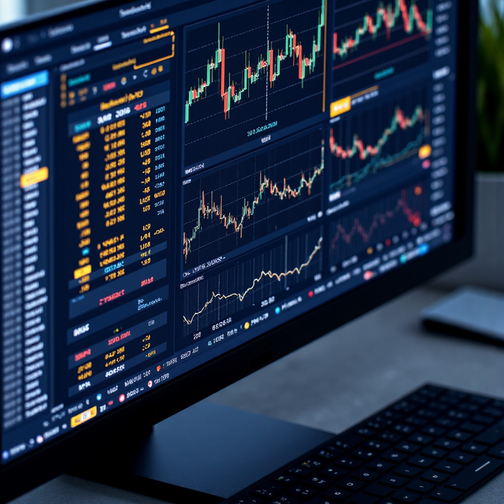 交易者螢幕特寫像素藝術,顯示腳步圖與 Level 2 數據,微光強調訂單塊與智能資金運動,採用現代極簡風格以深藍與金色調