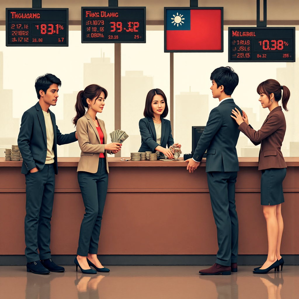台灣銀行結匯場景的像素藝術插圖,顯示人們在現代櫃檯交換貨幣,背景有匯率顯示和台灣國旗