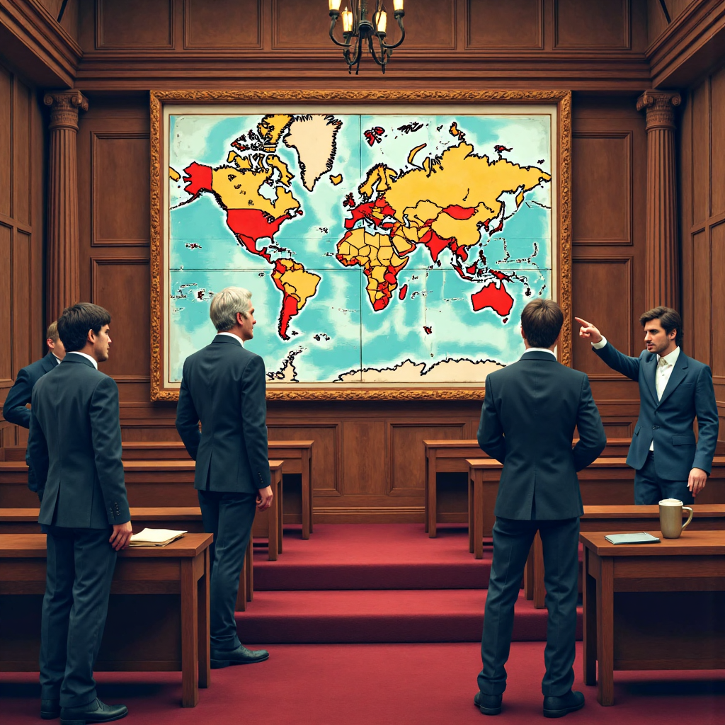 19世紀歐洲議會廳堂,人物指著世界地圖,充滿緊張討論氛圍