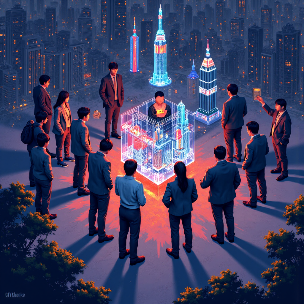 台灣投資人圍繞 VIXTWN 數據螢幕的像素藝術插圖，融入在地地標元素