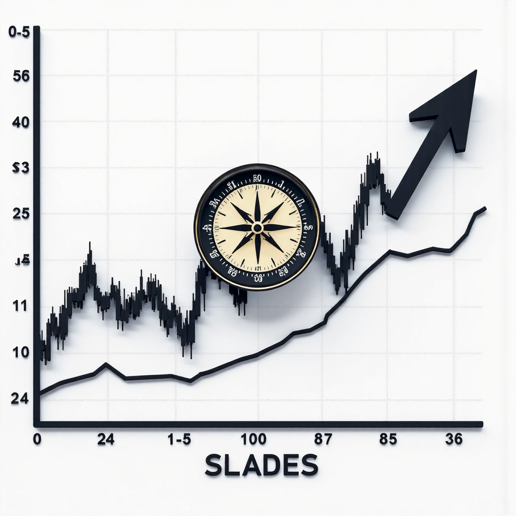羅盤疊加在微妙變化的圖表上,代表市場方向和強度,強調清晰和直觀視覺提示