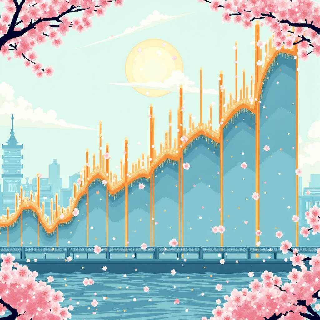 日本日經平均指數上漲趨勢圖，背景融入東京天際線與櫻花元素，呈現現代像素藝術風格