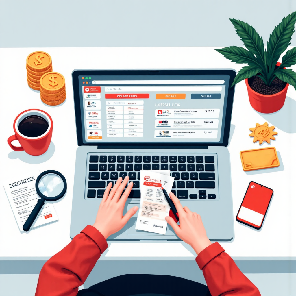 桌面俯視圖,電腦顯示銀行應用程式,周圍散落不同貨幣符號,放大鏡檢視交易收據的明亮插圖