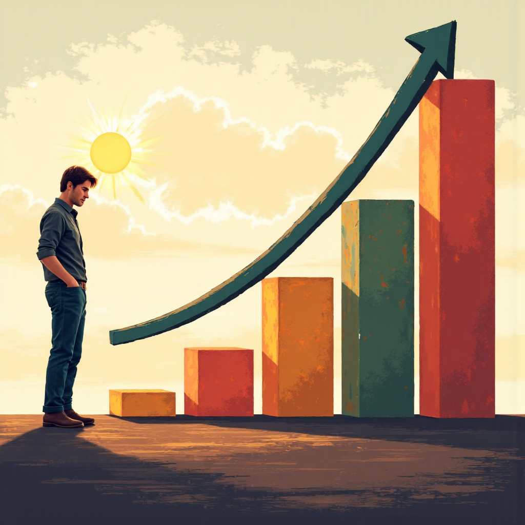 像素藝術風格的公司帳冊,顯示應付帳款上升的柱狀圖,沐浴在溫暖陽光下象徵財務成長
