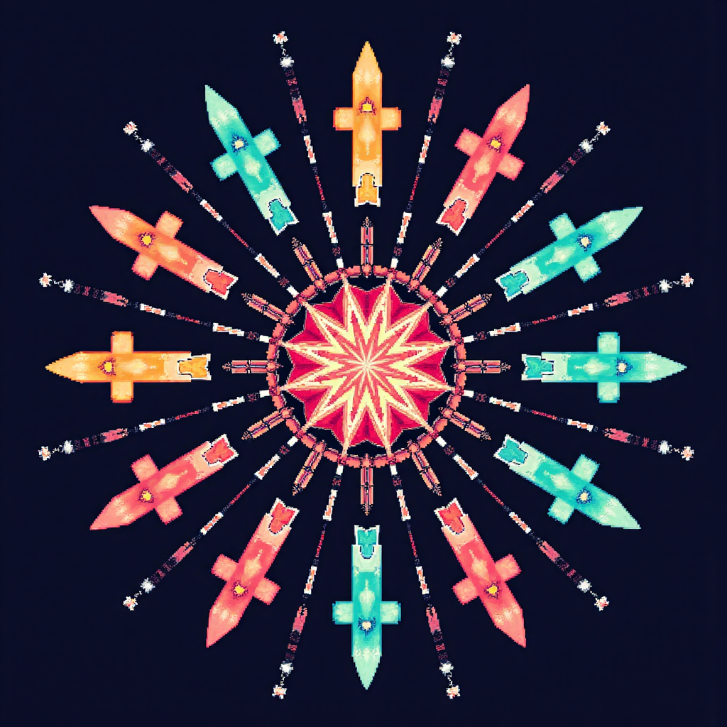 價格行動的抽象視覺化像素藝術,互聯箭頭與柱狀圖代表買賣壓力,中心動態漩渦象徵市場動能,充滿明亮活力感