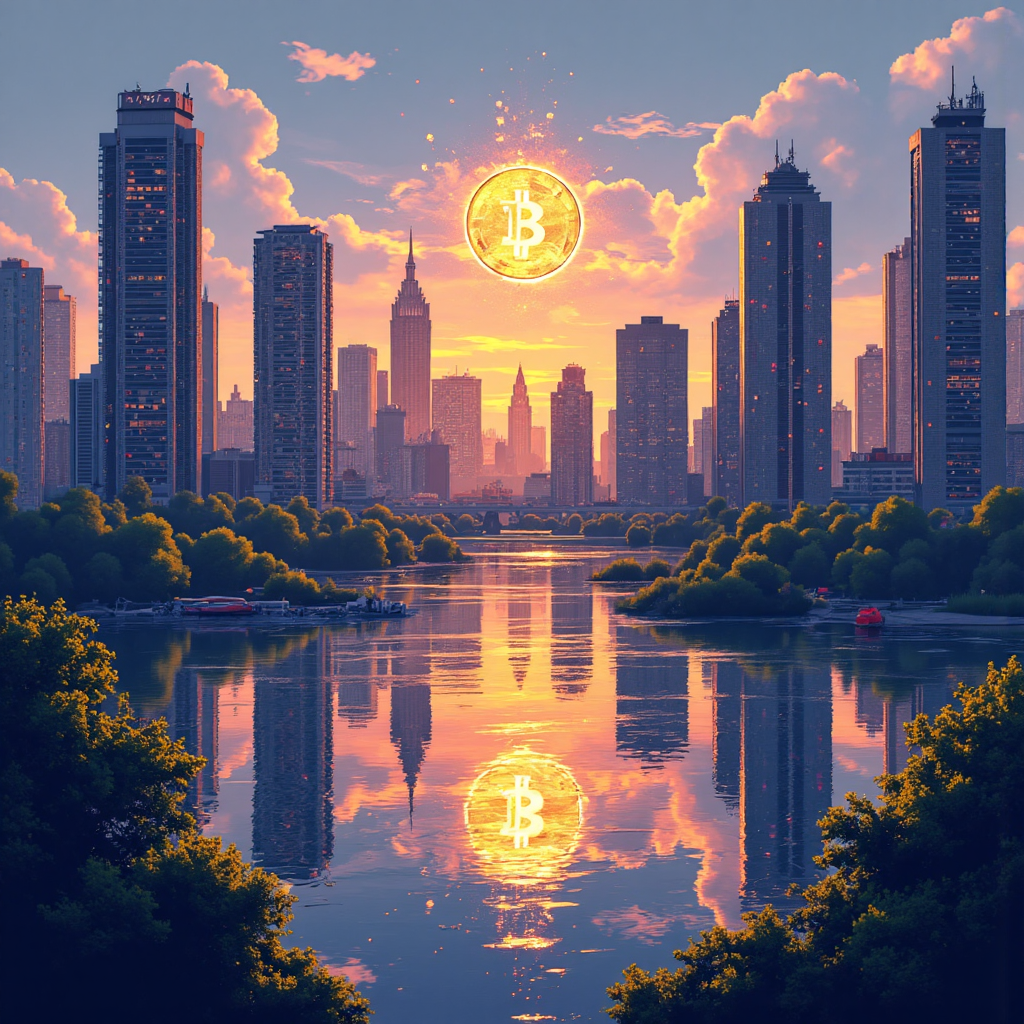 現代城市景觀,帶有全息財務圖表和金幣溶解成數位貨幣符號,明亮樂觀氛圍