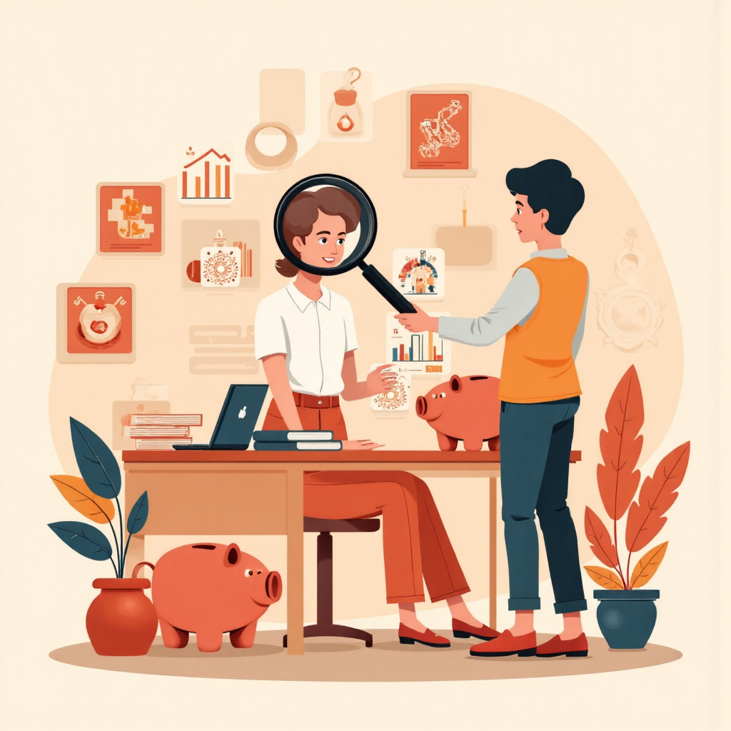 低利率時代聰明財務管理插圖,人物用放大鏡檢視利率符號,周圍環繞成長圖表與存錢罐