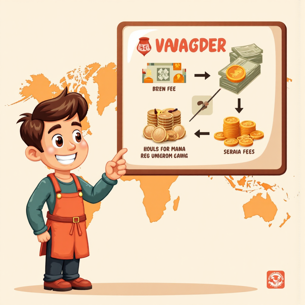 國際匯款流程圖示,顯示手續費相關的齒輪與幣值符號,背景為溫暖色調的全球地圖