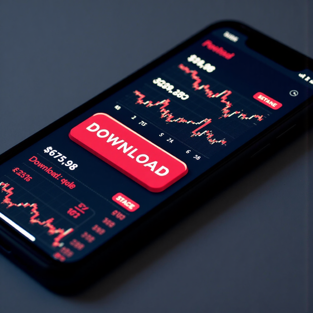 智慧型手機顯示假冒交易應用程式介面,大紅色下載按鈕投下陰影籠罩股票圖表