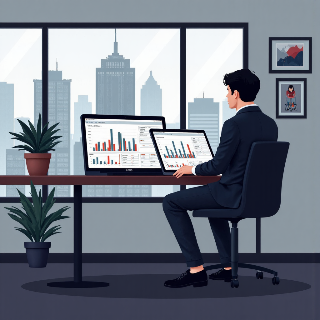 專注投資者坐在桌前查看電腦上的投資圖表,背景為紐約證交所建築插圖