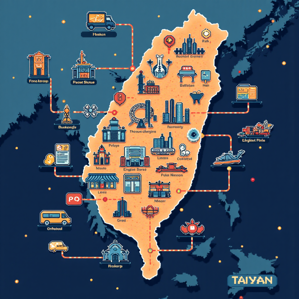 台灣地圖與國際金融流動的像素藝術插圖,連接旅行、購物、教育和投資等圖標到不同國家