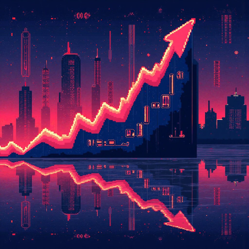 股市圖表快速上升的像素藝術，背景為互聯財務符號與經濟指標