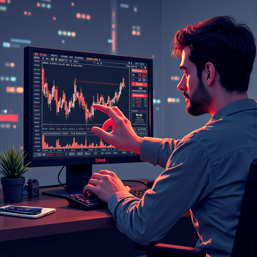 交易員手部像素藝術風格插圖，小心在發光的數位股市介面上出價，抽象呈現交易量與價格變動的專注氛圍