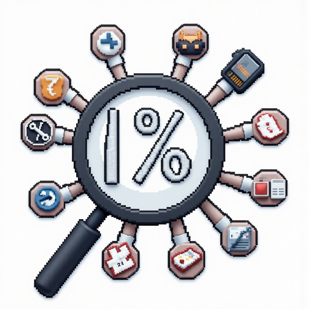 像素藝術風格的放大鏡聚焦微小百分比變動與金融圖標的觀念插圖