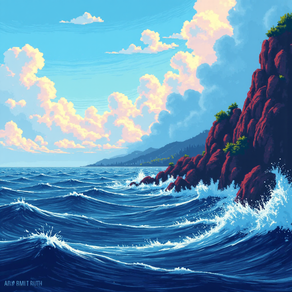 平靜海洋轉變為風暴洋面的像素藝術插圖,疊加財務圖表與數據點的清晰鮮豔風格